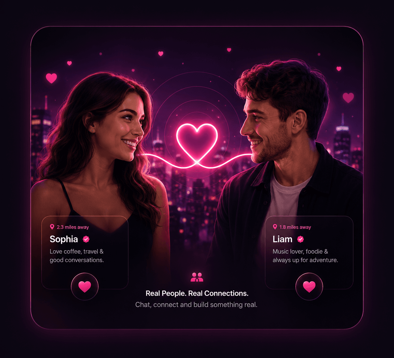 Two people smiling at each other, connected by a glowing heart, representing a real match on ChatNMeet